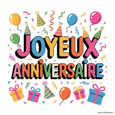 Texte «JOYEUX ANNIVERSAIRE» coloré sur fond blanc, avec des ballons, cadeaux, chapeaux de fête et confettis.