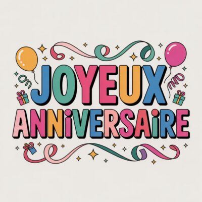 Texte «JOYEUX ANNIVERSAIRE» coloré sur fond blanc, avec ballons, cadeaux et rubans de fête.
