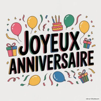 Texte «Joyeux Anniversaire» en noir et couleurs vives sur fond blanc cassé, avec ballons, cadeaux, gâteau et confettis colorés.