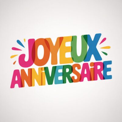 Texte «Joyeux Anniversaire» coloré sur fond blanc. Lettres superposées, vives et transparentes.