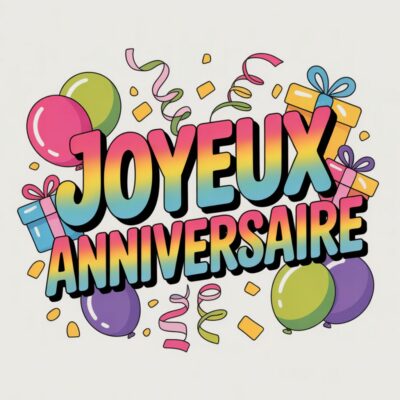Texte «JOYEUX ANNIVERSAIRE» dégradé arc-en-ciel, ballons roses, verts, violets, cadeaux bleus et jaunes, confettis, serpentins sur fond blanc cassé.