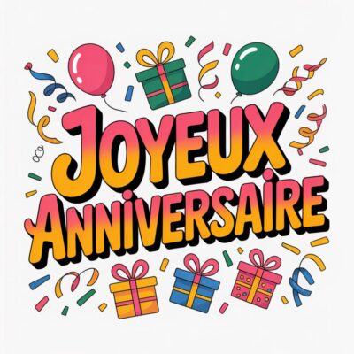 Texte «Joyeux Anniversaire» en rose/orange sur fond blanc, avec ballons, cadeaux et confettis colorés.