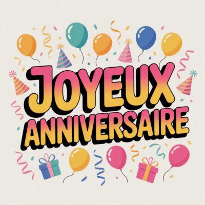 Texte «JOYEUX ANNIVERSAIRE» dégradé rose/jaune sur fond blanc cassé, avec ballons, cadeaux, chapeaux de fête et confettis colorés.