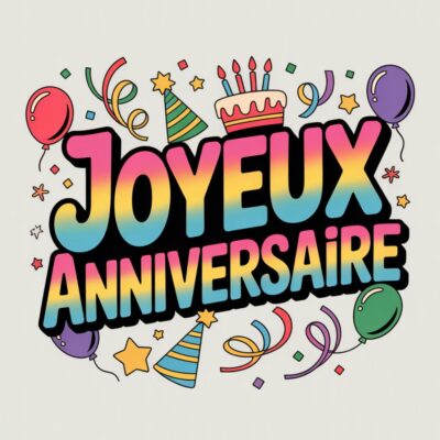 Texte «JOYEUX ANNIVERSAIRE» dégradé arc-en-ciel sur fond beige, entouré de ballons, serpentins, étoiles et gâteau d’anniversaire.