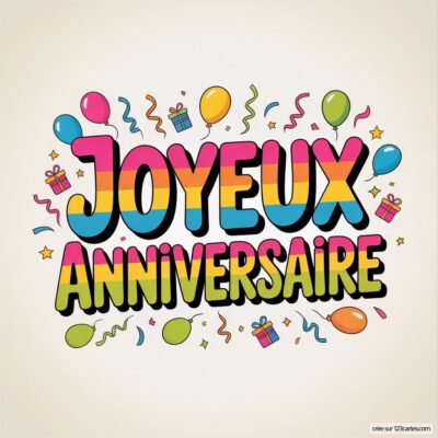 «Joyeux Anniversaire» coloré sur fond beige, avec ballons, cadeaux et confettis.