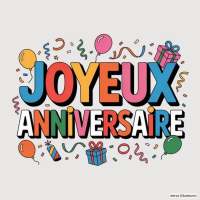Texte «Joyeux Anniversaire» en lettres colorées sur fond blanc cassé, avec ballons, cadeaux et confettis.