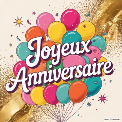 Bouquet de ballons colorés (rose, jaune, orange, turquoise, vert) sur fond crème et doré pailleté avec écrit «Joyeux Anniversaire».