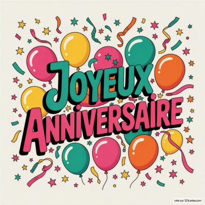 Ballons colorés et confettis sur fond crème avec écrit «Joyeux Anniversaire».