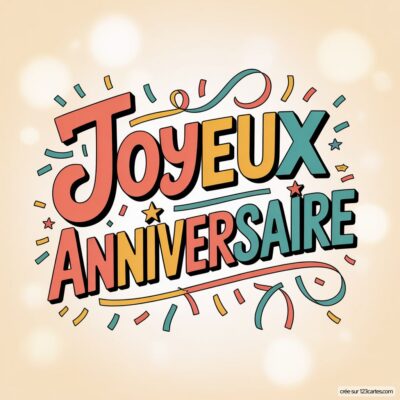 Texte «Joyeux Anniversaire» en lettres colorées (corail, jaune, bleu sarcelle) sur fond crème clair avec bokeh. Confettis et étoiles stylisés autour du texte.