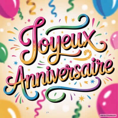 Texte «Joyeux Anniversaire» coloré sur fond crème avec ballons et confettis.