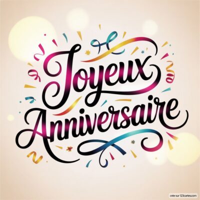 Texte calligraphié «Joyeux Anniversaire» en dégradé rose, violet, bleu sur fond beige clair avec confettis colorés et cercles lumineux.