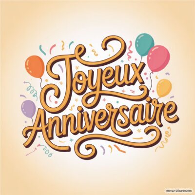Texte «Joyeux Anniversaire» orange sur fond beige clair, avec ballons colorés et confettis.