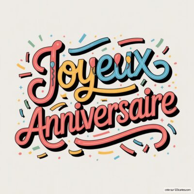 Texte «Joyeux Anniversaire» coloré sur fond crème, avec confettis et ballons. Typographie festive.