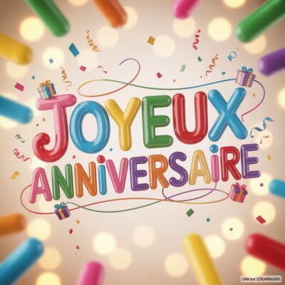 «Joyeux Anniversaire» en lettres 3D multicolores sur fond beige clair avec des confettis, rubans et petits cadeaux.