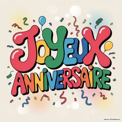 Texte «Joyeux Anniversaire» en lettres colorées et gonflées, sur fond beige clair, parsemé de confettis et ballons.