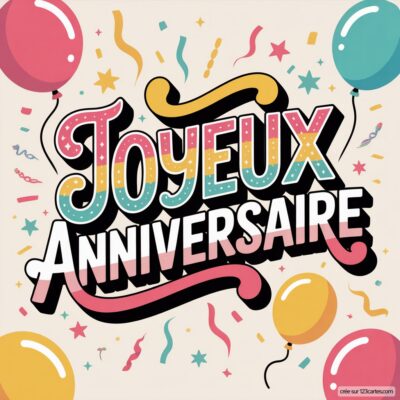 Texte «Joyeux Anniversaire» coloré sur fond beige clair avec confettis, étoiles et ballons roses, bleus et jaunes.