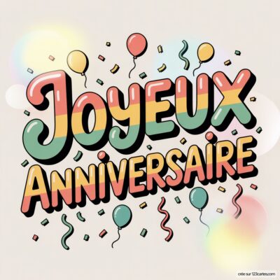 Joyeux Anniversaire en lettres colorées (rouge, jaune, vert) sur fond crème, avec ballons et confettis.