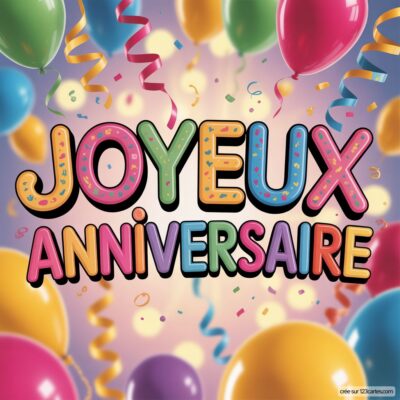 Texte «Joyeux Anniversaire» coloré sur fond dégradé violet et rose avec ballons et serpentins multicolores.