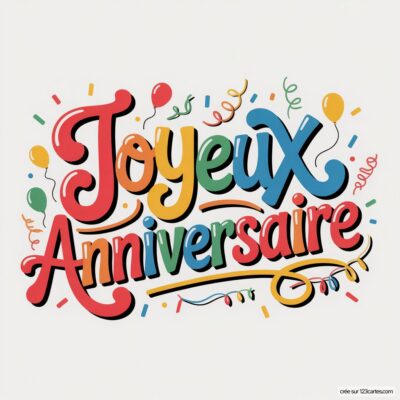 Texte «Joyeux Anniversaire» multicolore sur fond blanc, entouré de confettis et ballons.