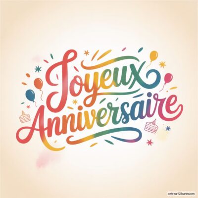 Texte «Joyeux Anniversaire» coloré arc-en-ciel sur fond crème, avec ballons, confettis et gâteaux stylisés.