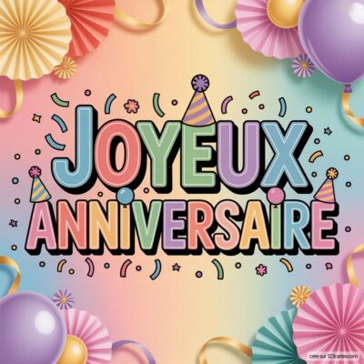 Texte «Joyeux Anniversaire» coloré sur fond dégradé pastel. Ballons, serpentins et éventails décoratifs.