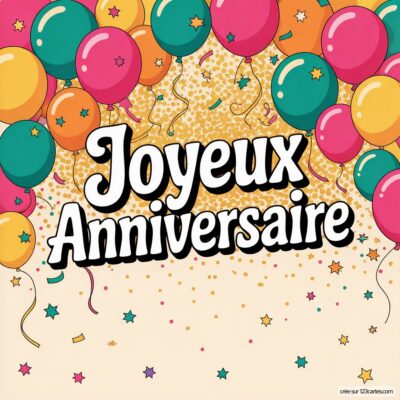 Ballons colorés (roses, oranges, jaunes, verts) sur fond beige avec écrit «Joyeux Anniversaire». Confettis et étoiles.