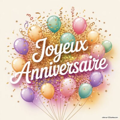 Texte «Joyeux Anniversaire» blanc sur fond pailleté doré, entouré de ballons pastel et confettis.