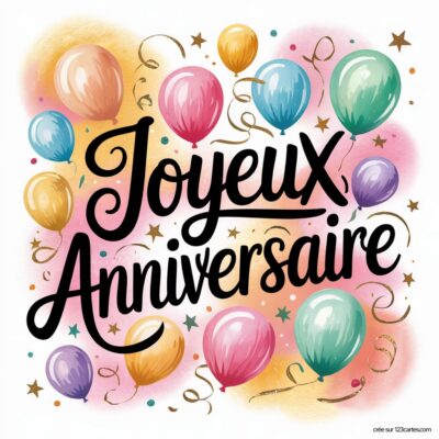 Texte «Joyeux Anniversaire» noir calligraphié sur fond dégradé pastel rose, orange, jaune. Ballons colorés, confettis et étoiles dorées.