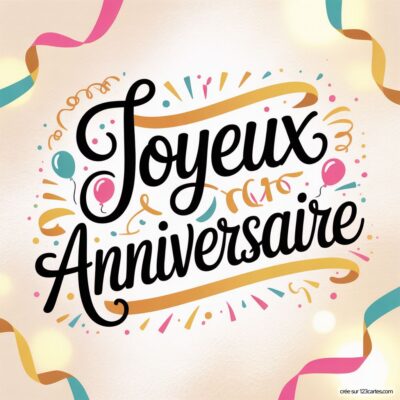 Texte «Joyeux Anniversaire» noir calligraphié sur fond beige clair, avec rubans colorés (rose, bleu, or) et confettis.