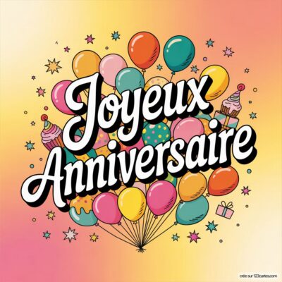 Texte «Joyeux Anniversaire» blanc sur fond dégradé jaune-rose, entouré de ballons colorés, étoiles et gâteaux.