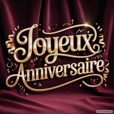 Texte «Joyeux Anniversaire» doré et brillant sur fond de tissu drapé bordeaux foncé, avec confettis et serpentins dorés.