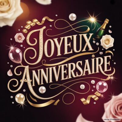 Texte «Joyeux Anniversaire» doré sur fond bordeaux sombre, avec roses, perles, ballons et bouteille de champagne.