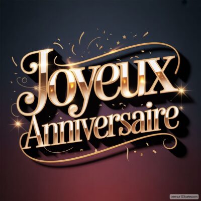Texte «Joyeux Anniversaire» doré et brillant sur fond dégradé bleu-noir à rouge, avec confettis dorés.