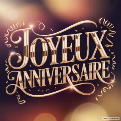 «Joyeux Anniversaire» en lettres dorées 3D sur fond violet foncé flou avec confettis et lumières.