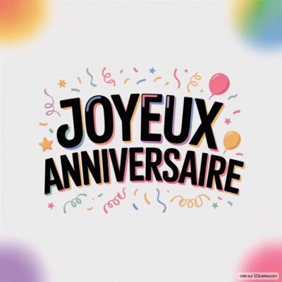 Texte «Joyeux Anniversaire» en noir sur fond blanc avec confettis et ballons colorés.