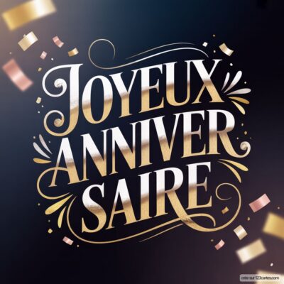 Texte «Joyeux Anniversaire» doré et blanc sur fond noir. Des confettis dorés et roses tombent autour du texte.