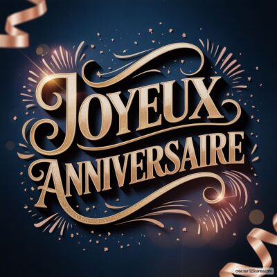 Texte «Joyeux Anniversaire» doré en relief sur fond bleu nuit, avec des éclats lumineux et des rubans cuivrés.