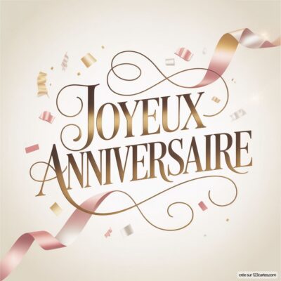 Texte «Joyeux Anniversaire» doré sur fond beige clair, avec rubans roses et confettis or et rose.