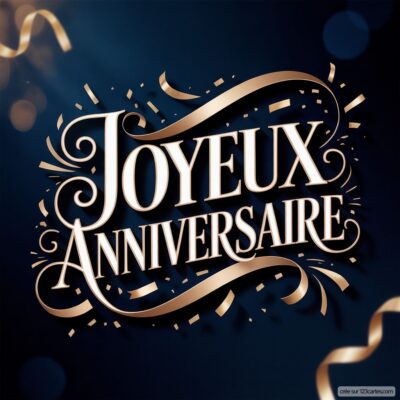 Texte «Joyeux Anniversaire» doré sur fond bleu nuit, avec serpentins et confettis dorés.