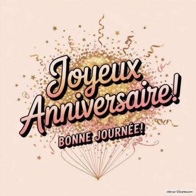 Texte «Joyeux Anniversaire! Bonne Journée!« en rose et noir, sur fond pêche avec confettis dorés et serpentins.