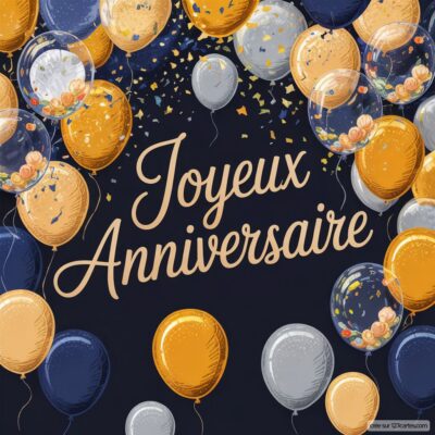 Ballons dorés, bleus, gris, transparents à confettis sur fond marine, avec «Joyeux Anniversaire» en beige.