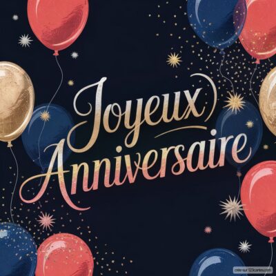 Ballons rouges, bleus, dorés sur fond noir avec écrit «Joyeux Anniversaire» en doré. Décoration étoiles et confettis.