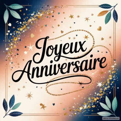 Texte «Joyeux Anniversaire» noir calligraphié sur fond dégradé pêche et bleu marine, parsemé de paillettes dorées, étoiles et cœurs.