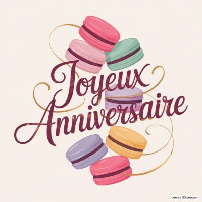 Macarons colorés sur fond crème avec écrit «Joyeux Anniversaire» en lettres bordeaux, entouré de rubans dorés.