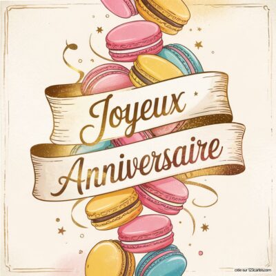 Ruban doré avec écrit «Joyeux Anniversaire» en lettres dorées, entouré de macarons roses, jaunes et bleus.