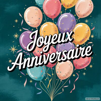 Ballons colorés (roses, violets, jaunes, bleus) sur fond vert foncé, avec écrit «Joyeux Anniversaire» en blanc.