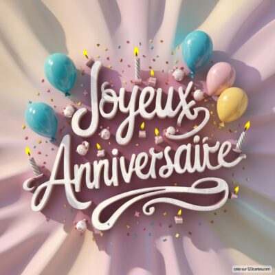 Texte «Joyeux Anniversaire» blanc en relief sur fond plissé violet et rose, avec ballons bleus, roses, jaunes, bougies allumées et confettis colorés.