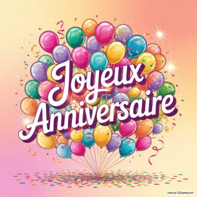 Ballons multicolores et confettis sur dégradé rose-jaune, avec «Joyeux Anniversaire» en blanc.