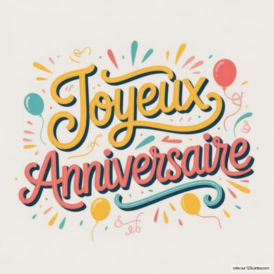 Texte «Joyeux Anniversaire» en lettres jaunes et roses sur fond crème, avec confettis et ballons colorés.