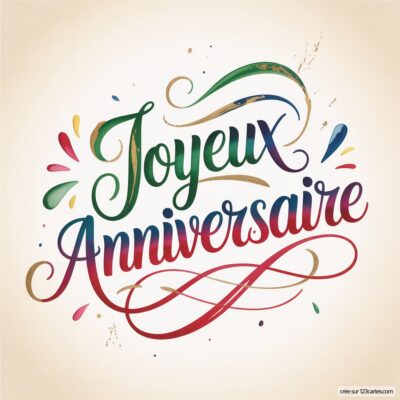 Texte «Joyeux Anniversaire» calligraphié en vert, bleu, rouge avec des touches dorées sur fond beige.